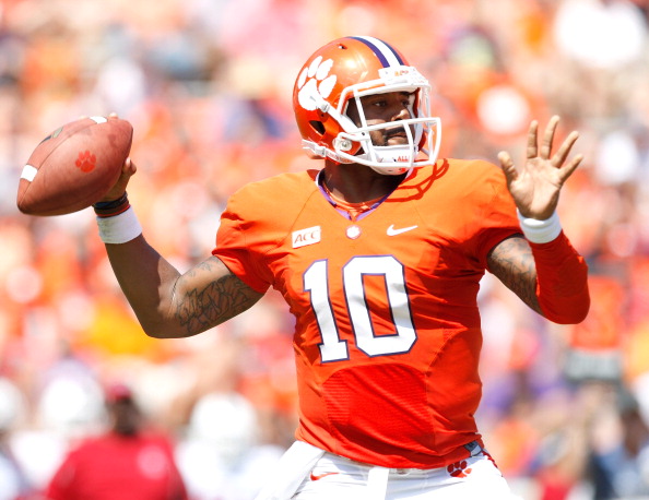 CLEMSON, SC - SEPTEMBER 7: Tajh Boyd #10 of the Clemson Tigers drops back for a pass during the game against the South Carolina State Bulldogs at Memorial Stadium on September 7, 2013 in Clemson, South Carolina. (Photo by Tyler Smith/Getty Images)