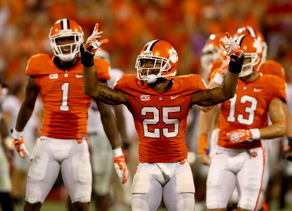CLEMSON, SC - AUGUST 31:  Roderick McDowell #25 of the Clemson Tigers celebrates after defeating the Georgia Bulldogs 38-35 at Memorial Stadium on August 31, 2013 in Clemson, South Carolina.  (Photo by Streeter Lecka/Getty Image