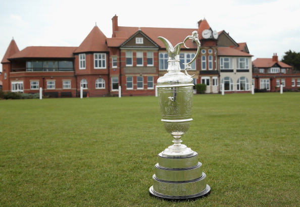 The Open Championship trophy (also known as the claret jug) is pictured in front of the clubhouse during The Open Championship. (credit: Andrew Redington/Getty Images)