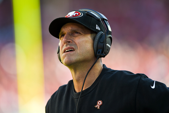 SANTA CLARA, CA - NOVEMBER 02: Head coach Jim Harbaugh of the San Francisco 49ers looks on from the sidelines against the St. Louis Rams during the first quarter at Levi's Stadium on November 2, 2014 in Santa Clara, California.  (Photo by Thearon W. Henderson/Getty Images)
