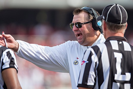 FAYETTEVILLE, AR - SEPTEMBER 5: Head Coach Bret Bielema of the Arkansas Razorbacks yells to a official during a game against the UTEP Miners at Razorback Stadium on September 5, 2015 in Fayetteville, Arkansas. The Razorbacks defeated the Miners 48-13. (Credit: Wesley Hitt/Getty Images)