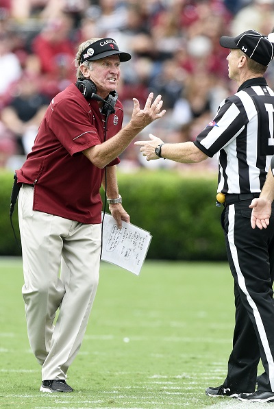 COLUMBIA, SC - SEPTEMBER 26: Head coach Steve Spurrier of the South Carolina Gamecocks tries to get an official to reset the clock as they take on the University of Central Florida Knights during the fourth quarter on September 26, 2015 at Williams-Brice Stadium in Columbia, South Carolina. (Credit: Todd Bennett/GettyImages)