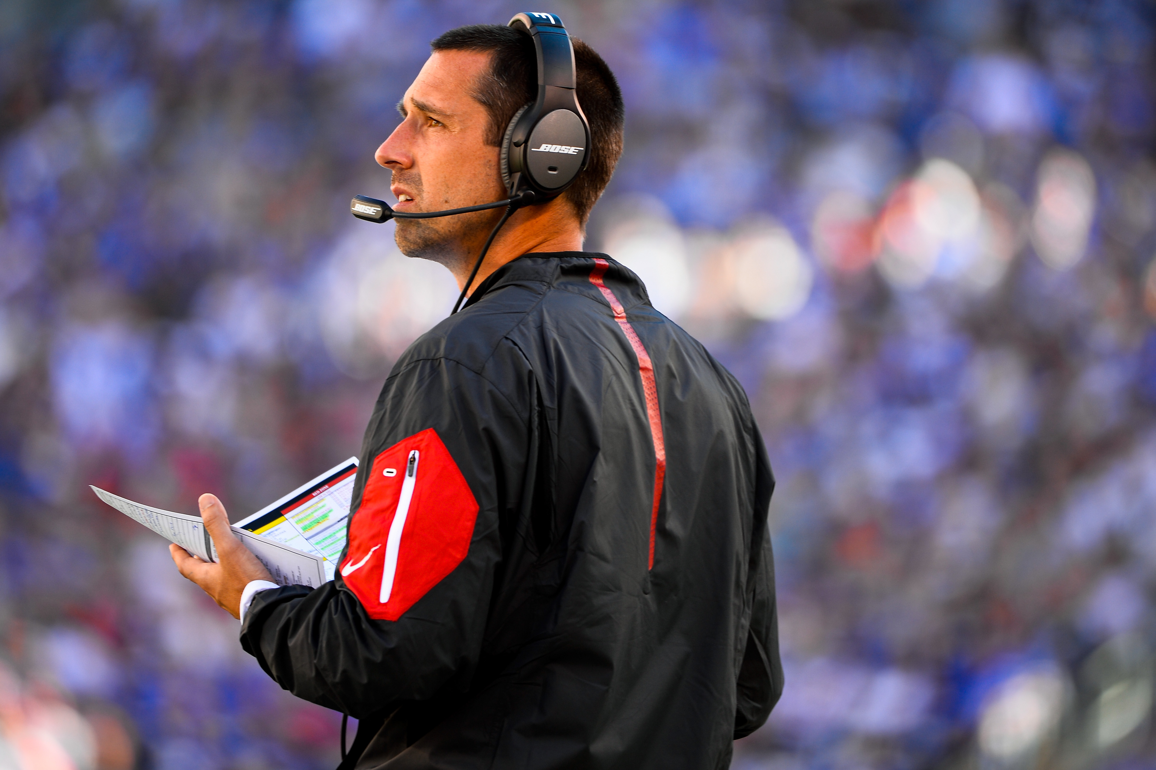 EAST RUTHERFORD, NJ - SEPTEMBER 20: Atlanta Falcons offensive coordinator Kyle Shanahan looks on during a game against the New York Giants at MetLife Stadium on September 20, 2015 in East Rutherford, New Jersey.  (Photo by Alex Goodlett/Getty Images)