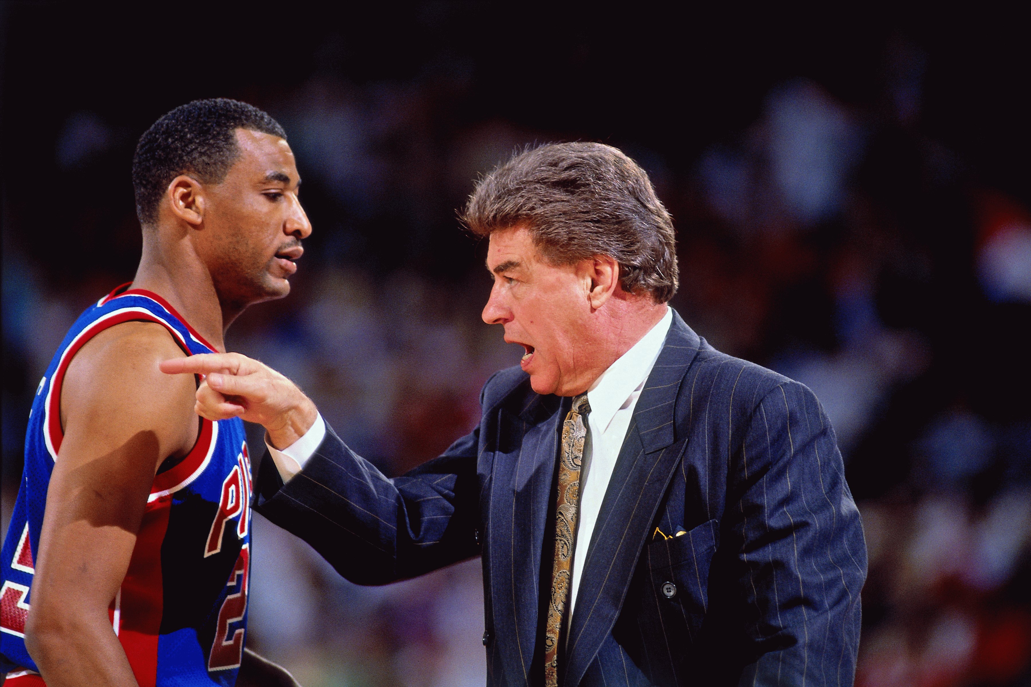 AUBURN HILLS, MI - 1989: Head coach Chuck Daly of the Detroit Pistons points during a game played in 1989 at the Palace of Auburn Hills in Auburn Hills, Michigan. NOTE TO USER: User expressly acknowledges and agrees that, by downloading and/or using this Photograph, user is consenting to the terms and conditions of the Getty Images License Agreement. Mandatory Copyright Notice: Copyright 1989 NBAE (Photo by Nathaniel S. Butler/NBAE via Getty Images)