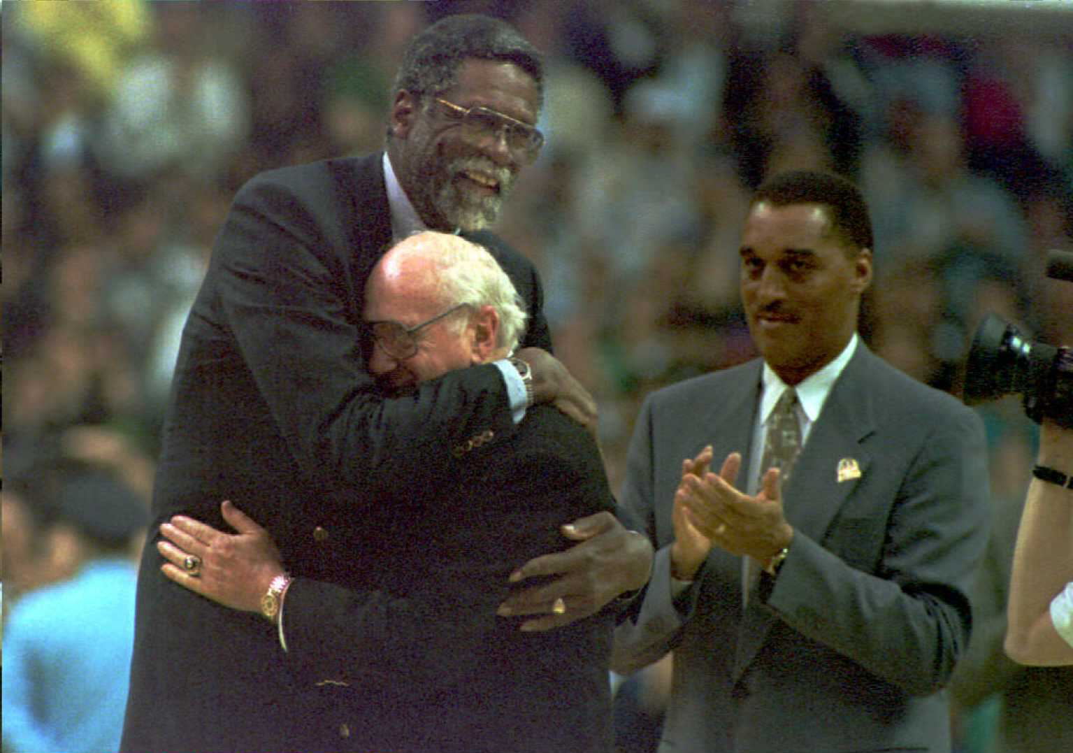 Archetechts of the greatest ever NBA dynasty (standing with Dennis (D.J.) Johnson. (Credit: STUART CAHILL/AFP/Getty Images)