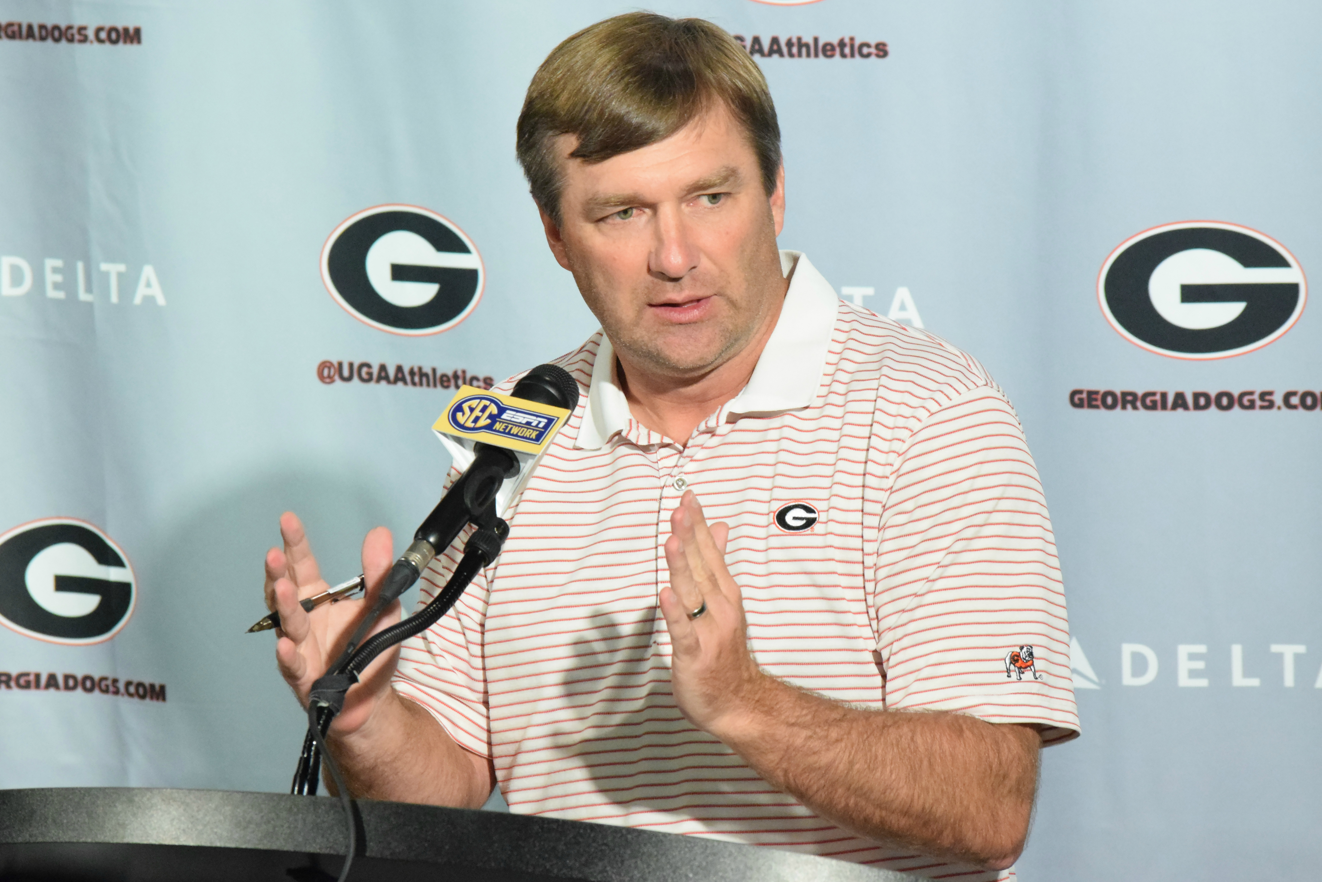 Kirby Smart answers a question during the Bulldogs' press conference Monday, Sept. 19, 2016. (Photo by Steven Colquitt)